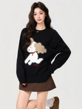 Black Sweet Cute Puppy Embroidered Hooded Sweater 2026 Autumn And Winter Loose Thicken Long-Sleeved Knitted Shirt Top