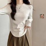 Early Autumn New Round Collar Shoulder Long-Sleeved T-Shirt Woman With Design Curved Hem Fish Bone Top