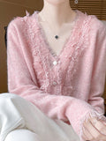 Heavy Industry Fashion Age-Retro-Weighted Women's V-Neck With Lace Lace Tops Autumn Korean Knitwear Coat