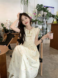 New Chinese Women's Short-Sleeved Broken Floral Dress Women's Summer High-End Temperament To Close The Waist Thin Gentle Style Long Skirt