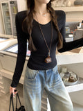 White V-Neck Shoulder Long-Sleeved T-Shirt 2026 Autumn New Bottoming Shirt Inside The Slim Atmosphere Of The Woman