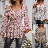 Dili 2025 Autumn/Winter Women's Bubble Sleeves Elegant Broken Flower Long-Sleeved Top