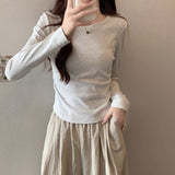 Flower Ash Slim Long-Sleeved Soft-Gripen Mask T-Shirt Women In Early Autumn New Solid Color Folding Thin Design Top