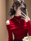 Red Small Open Shoulder Collar Knitted Bottom Shirt Woman With Autumn And Winter Unique French Sweet Hottie Top