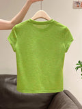 Korean Printing Slim Thin Round Neck T-Shirt 2026 Summer New Front Shoulder Design Short Top