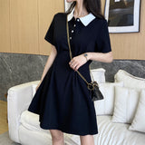 College Style POLO Collar Black Waist Temperament Dress Female 2025 Summer New Student Black Dress