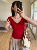 Korean Irregular V-Neck Button Shoulder Short-Sleeved T-Shirt 2026 New Folded Repair Waist Small Top