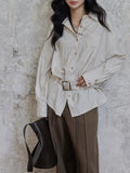 High Sense Of Waistband Striped Shirt Female Design Small Long Sleeve Retro Pile Design Thin Top