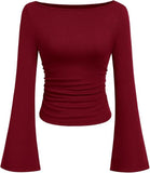 Hottie Solid Color Boat Collar Horn Sleeve T-Shirt Girl 2025 Autumn Dress Folds Thin Tops Long Sleeve