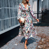 Dijun V-Neck Broken Floral Dress 2025 Summer Women's Holiday Casual Print Long Dress Woman