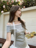 Korean Pure-Willed Windy Oblique Letter Print Folded Short-Sleeved T-Shirt For The Summer New Lace Ribbon Belt Waist Top