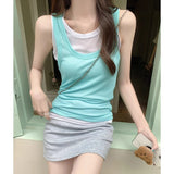 Vintage Diamond Red Thin Breathable Vest Sling Summer Women Loose Fake Two Anti-Walking Light Outside Wear Clothes
