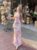 French Romantic Floral Sling Dress Women's Summer Seaside Holiday To Show Thin Fishtail Ass Skirt Net Yarn Dress