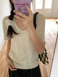 Korean Point Flower Apricot U Collar Shoulder Short-Sleeved T-Shirt 2026 Summer New Loose Thin Lazy Style Chic Top