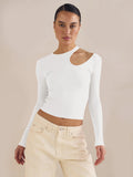 2025 Hot Sale Of High-End Autumn And Winter Sexy Hollow T-Shirt Women Irregular Collar With A Long-Sleeved Top