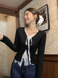 Korean Ins Lace Splicing Fake Two Button Cardigan Long-Sleeved T-Shirt Women's New Design Sense Niche Tops In Autumn