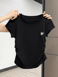 Round Collar Front Shoulder Short-Sleeved T-Shirt Girl Body Design Small Folds To The Waist Top Summer 2025 New