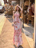 French Romantic Floral Sling Dress Women's Summer Seaside Holiday To Show Thin Fishtail Ass Skirt Net Yarn Dress