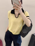 Cicpic Clip Collared Small Thin Knitted Shirt Summer New Temperament Thin Shoulder Short Sleeve Coat Head Woman