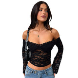 Women's Clothing 2025 Summer New Fashion Sexy Hottie Collar Long-Sleeved Lace Top Girl