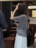 South Korea Chic Hollow Ice Silk Short-Sleeved Knitted Shirt Women 2025 Summer Loose Thin Ocean Gas Age-Down Gray Top