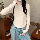 Early Autumn New Round Collar Shoulder Long-Sleeved T-Shirt Woman With Design Curved Hem Fish Bone Top
