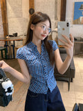Vintage Check-Dress Short-Sleeved Shirt Women's Summer 2026 New Pocket To Close The Waist Summer Design Repair Body