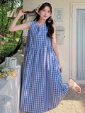 White Blue Lattice Sleeveless Vest Dress Women's Summer Korean Casual Style Relaxed Mid-Sized Holiday Dress