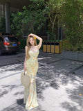 Holiday Wind Strapped With Bare Back Sling Dress Female Summer Floral Dress Babes To Close The Waist Fishtail Skirt With Hip Dress