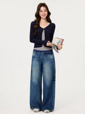 Tibetan Blue Hollow Long-Sleeved Knitted Open Shirt Folded Sling Vest Design Lace Fart Trousers Suit Female Spring