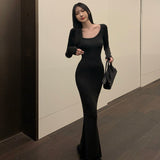 Sexy Long-Sleeved Dress Women's Autumn 2025 New Coffee Dress On The Bottom Of The Dress Body Fishtail Ass Skirt