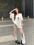 Large-Size Women's White Languid T-Shirt Women Summer Fat Mm Loose Belly V Collar Short-Sleeved Top Casual T-Shirt