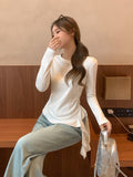 White Lotus Edge Irregular Hem Long-Sleeved T-Shirt Women 2026 Autumn Design Strap Folding Top