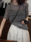 South Korea Chic Hollow Ice Silk Short-Sleeved Knitted Shirt Women 2025 Summer Loose Thin Ocean Gas Age-Down Gray Top