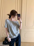 Design-Sensitive Cotton Gray Shoulder Loose Short-Sleeved T-Shirt Women's Summer Casual Set-Up White Top
