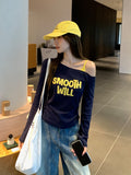Slanted Shoulder Letter Print Long-Sleeved T-Shirt Girl 2026 Early Autumn New Folded Body Design Feel Shoulder Strap