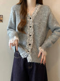 Korean Version Of Loose Lace Splicing V-Neck Sweater Coat Women Autumn Thick Chic Atmosphere Soft Knitting Top