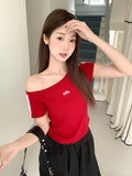 Sweet Spice Girl Embroidered Slanted Shoulder Short Sleeve T-Shirt Women's Summer New Two Bars Designed To Show Skinny T-Shirt