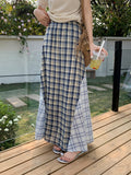 Blue Lattice Half-Dress Woman 2026 Spring And Summer Set Design Bump Color Splicing High Waist Hanging Feeling A Word Long Skirt