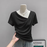 Gentle Folds Irregularly Collar Shoulder Short-Sleeved T-Shirt 2026 Summer New Small Design Top