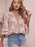 2025 Southeast Asian Summer New Loose V-Neck Temperament Commuter Horn Lace Jersey Chiffon