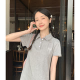 Pure Cotton Bow Polo Collar Short-Sleeved Dress Women Summer Fashion Temperament Waist High-End Ass Short Skirt