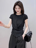 Irregular Round-Neck Short-Sleeved Ice Silk Knitted Women 2025 Summer New Fashion Ocean Design Feel Waist Top