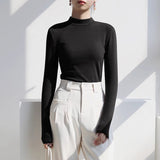Small Collar White Bottoming Shirt With Autumn And Winter Plus Velvet Blouse Female Velvet Long-Sleeved T-Shirt Half-High Collar