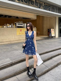 French Retro V-Neck Vest Dress Women's Summer Temperament Tibetan Blue Long Dress Niche Skinny A-Shaped Skirt