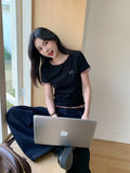 Pure Lattice Splicing Short-Sleeved T-Shirt Girls Summer New Fake Two-Piece Letter Repair Inside The Bottom Top