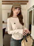 Embroidered Round Collar Shoulder Long-Sleeved T-Shirt Girl Autumn Folded Waist Repair Inside The Beautiful Bottom Shirt
