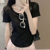 Pure Cotton Shoulder Round Collar Short-Sleeved T-Shirt For The Summer New Raspberry Color Repair Small Man To Collect The Waist Fish Bone Top Tide
