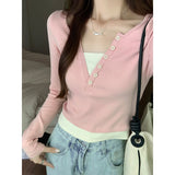 Fake Two Shoulder-To-Shoulder Pink Long-Sleeved T-Shirts In The Autumn To Set Up Slim Slim Alone Especially Sweet And Spicy Bottom Tops