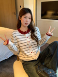 Vintage Round-Neck Stripe Splicing Long-Sleeved Knitted Cardigan Women's Fall 2026 Loose Thin Sweater Jacket